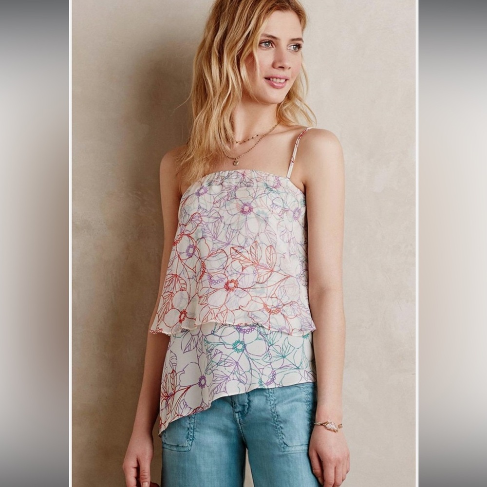 Anthropologie MAEVE Tank DAISY GARDEN Tiered Silk Flowers Asymmetric Top Size S